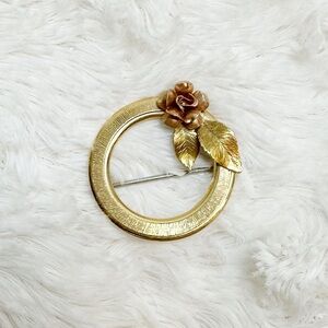 Vintage Signed Krementz Gold Tone Rose Brooch